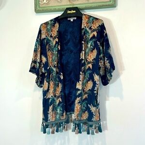 See And Be Seen AERIN FAUX VELVET FLORAL FRINGE KIMONO MIDNIGHT BLUE New S/M